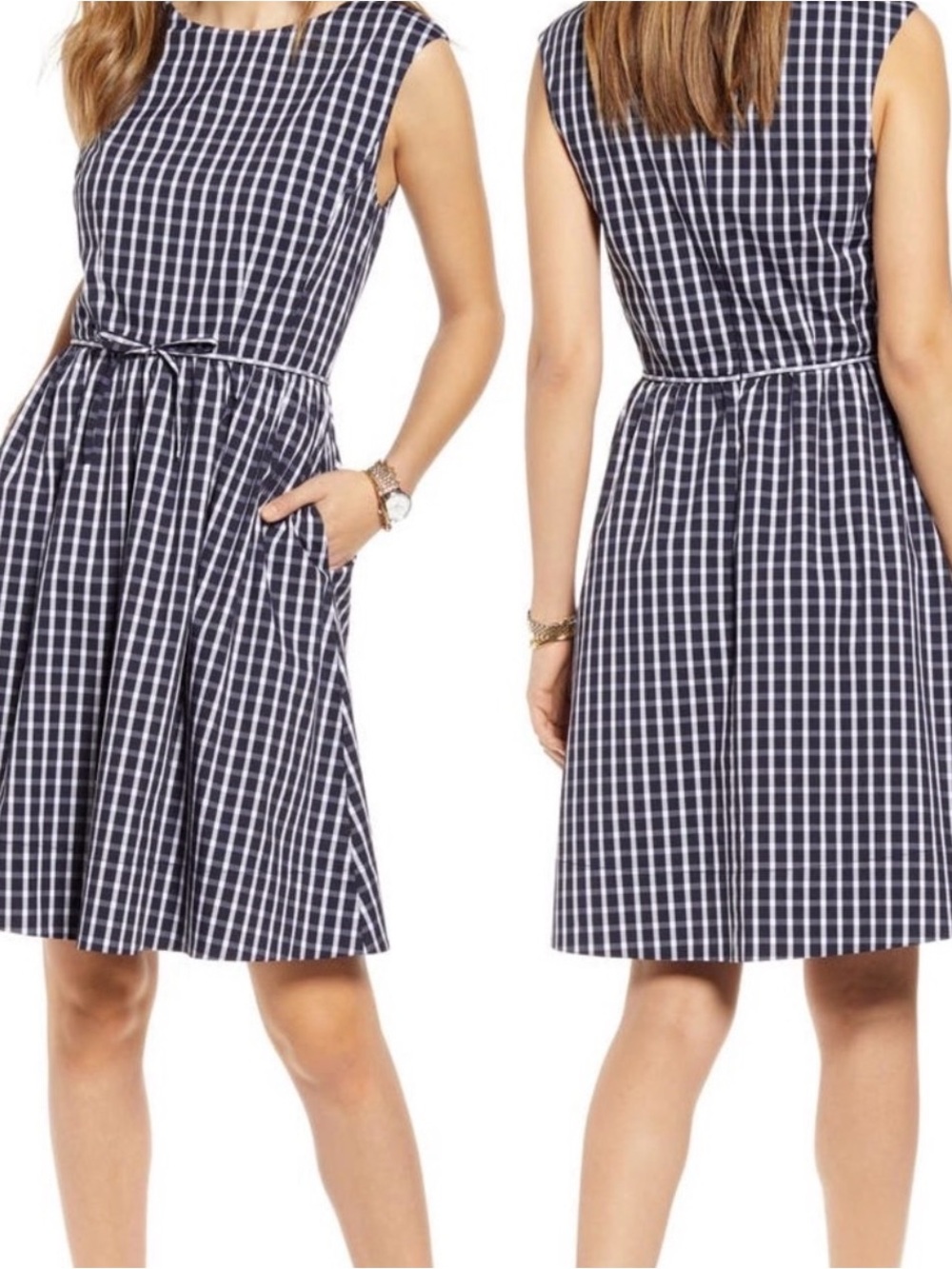 1901 Navy & White Check Sleeveless Tie-Waist Midi Dress